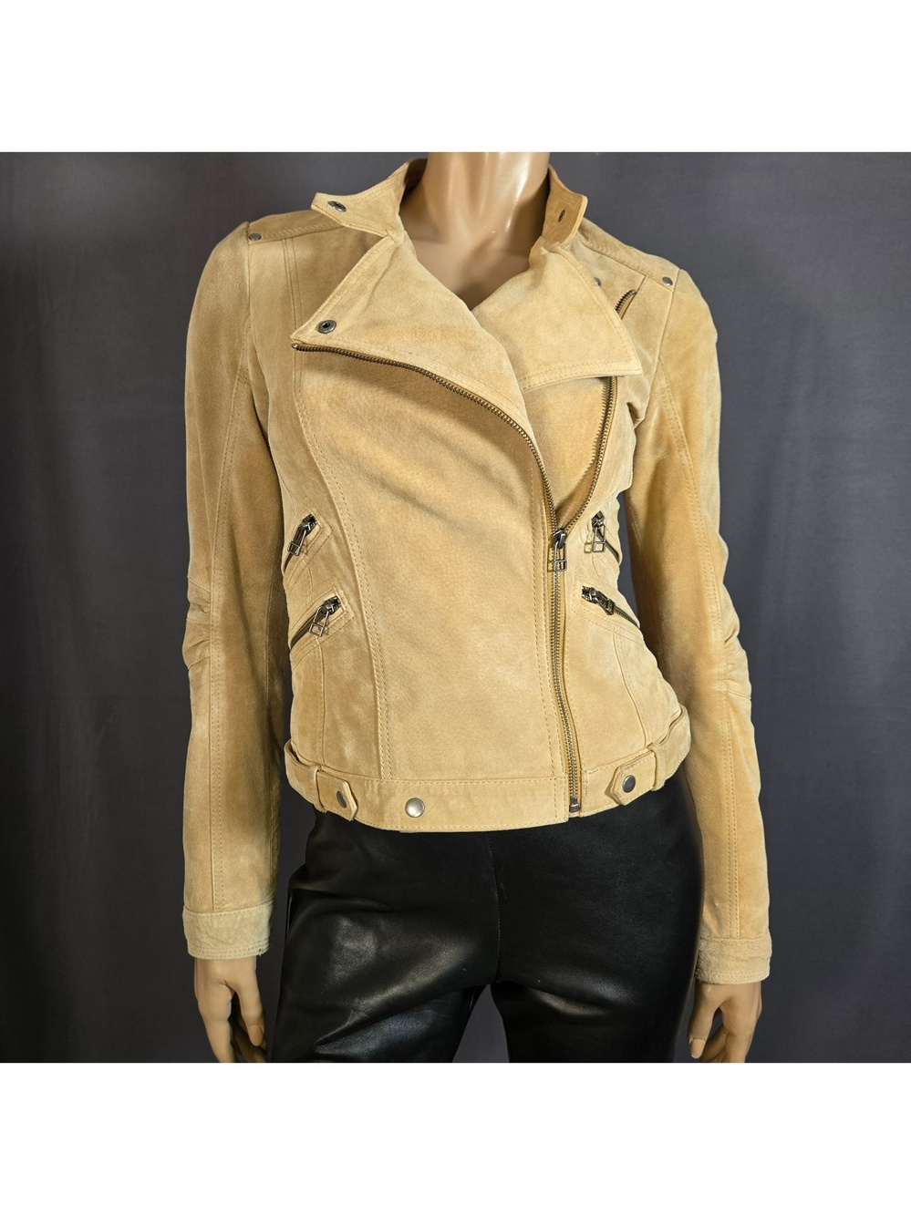 Vintage Y2K Danier Beige Suede Fitted Moto Jacket size XS Zippers Biker